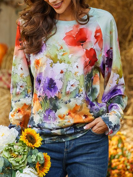 

Holiday leaves and flowers loose top sweater, Blue, Sweatshirts & Hoodies