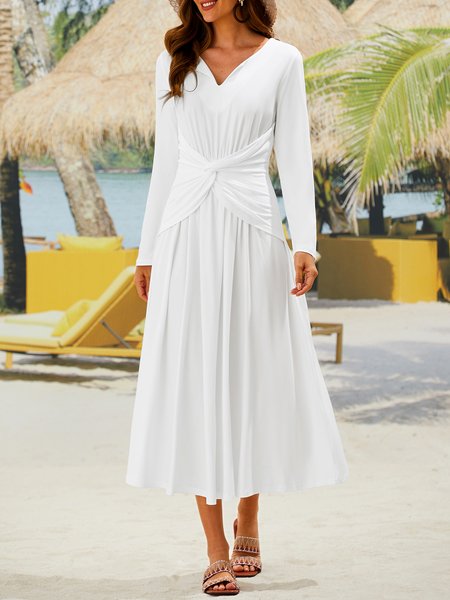 

Casual V Neck Regular Fit Dress, White, Dresses