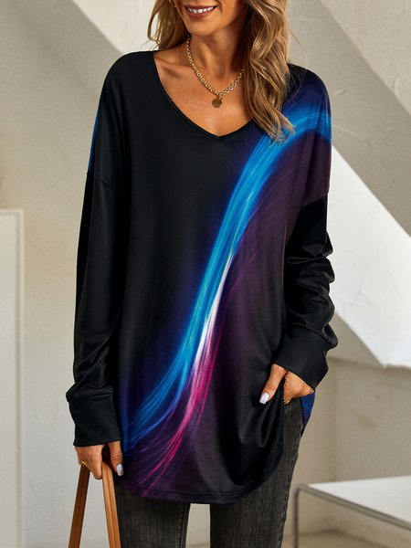 

Abstract Printed Casual V Neck Long Sleeve Tunic T-Shirt, Black, T-shirts