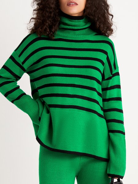 

Turtleneck Casual Striped Long Sleeve Sweater, Green, Sweaters