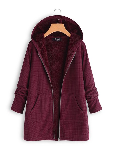 

Wine Red Hoodie Zipper Solid Casual Coats, Coats