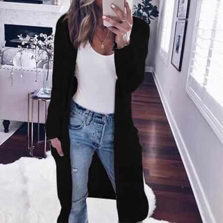 

Casual Knitted Long Sleeve Plain Pocket Cardigan, Black, Sweaters & Cardigans