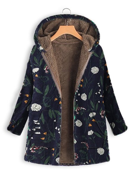 

Floral Print Hooded Long Sleeve Pockets Vintage Coat, Navy blue, Coats