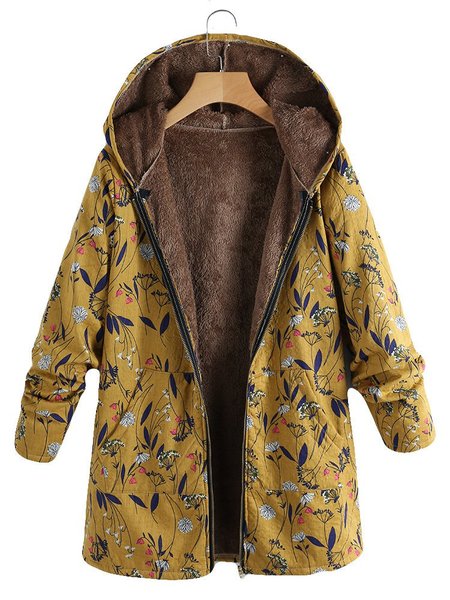 

Floral Print Hooded Long Sleeve Pockets Vintage Coat, Yellow, Coats