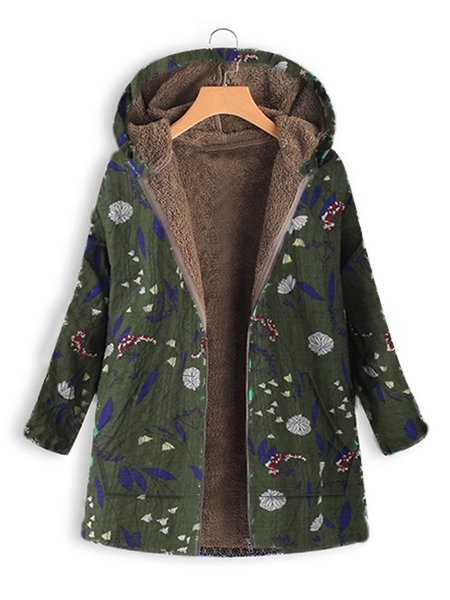 

Floral Print Hooded Long Sleeve Pockets Vintage Coat, Army green, Coats