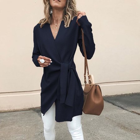 

Khaki Cotton Long Sleeve Casual Solid V neck Cardigan, Royal blue, Coats