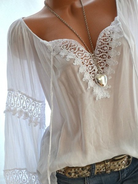 

V Neck Casual Long Sleeve Cutout Paneled Lace Blouses, White, Blouses & Shirts