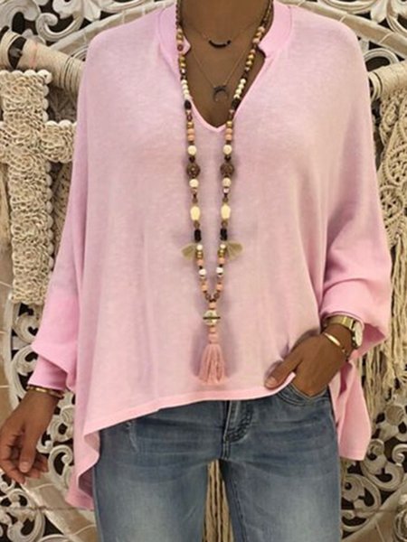 

Long Sleeve V Neck Solid T-Shirts, Pink, T-Shirts
