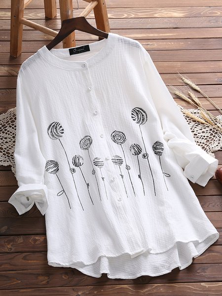 

Long Sleeve Buttoned Sweet Crew Neck Blouses, White, Shirts & Blouses