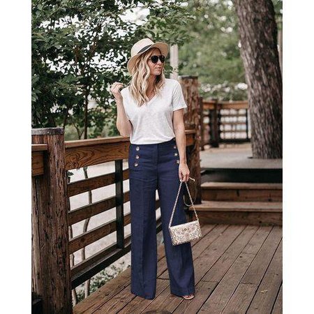 

Fashion High Waist Linen Wide Leg Pants, Navy blue, Bottoms