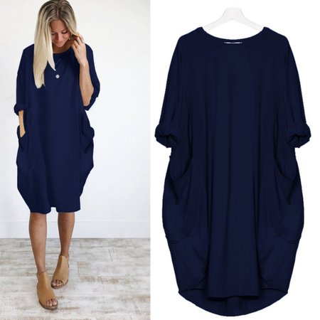 

Donna Bozzolo Giorno Pipistrello Tasche Solido Abito, Blu marino, Casual Dresses