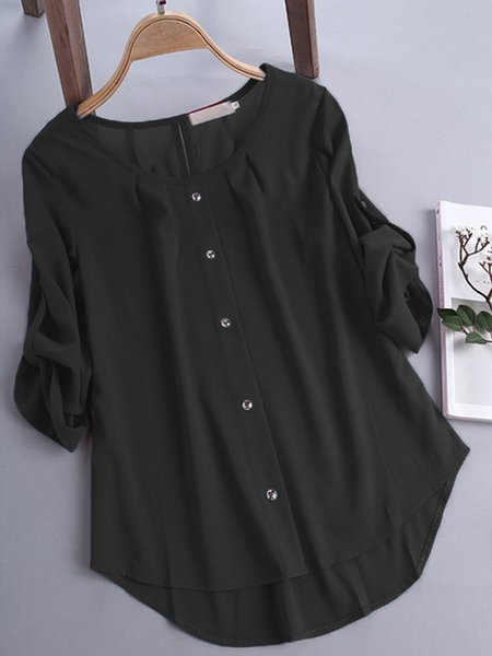 

3/4 Sleeve Solid Casual Crew Neck Women Blouse, Black, Blouses & Shirts