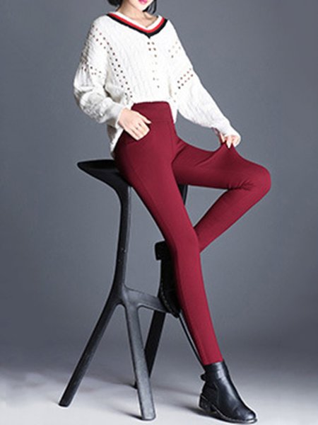 

Pockets Solid Velvet Pants, Burgundy, Pants