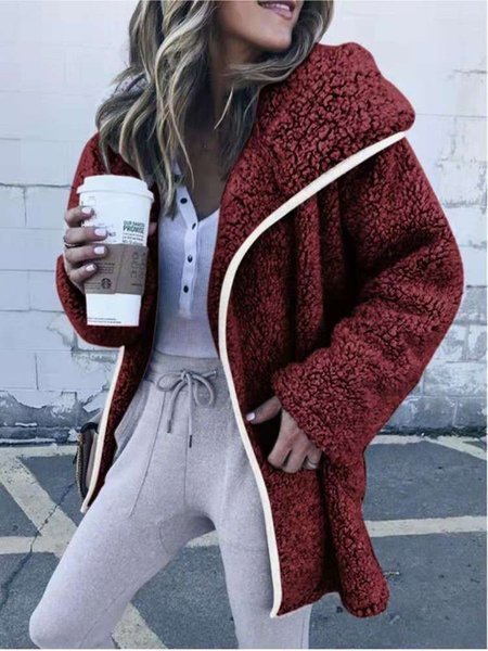 

Cashmere Shawl Collar Solid Long Sleeve Teddy Bear Coat, Wine red, Coats