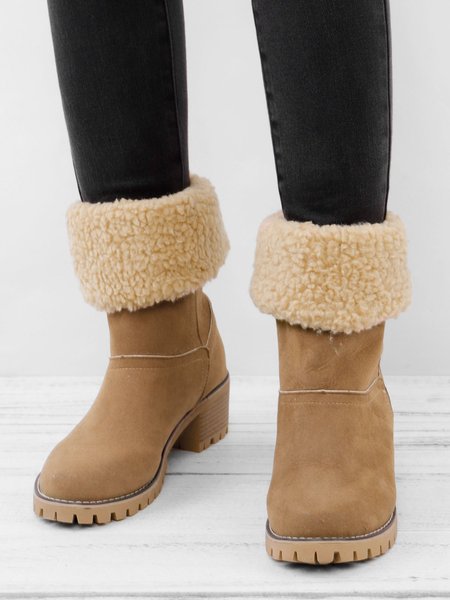 

Women Plus Size Warm Square Chunky Heels Ankle Fur Lined Snow Boots, Camel, Boots