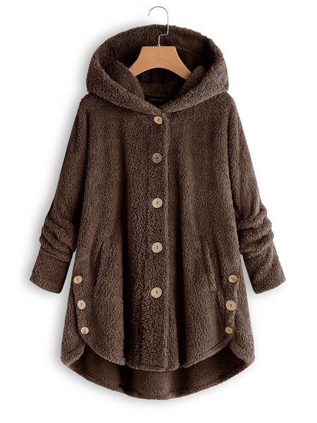 Confortable Manches Longues en Toison Encapuchonné Poilu Ourlet Asymétrique Bouton Peluche Manteau