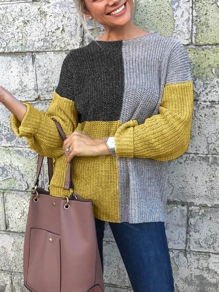 

Fashion Round Collar Patchwork Casual Sweater, Yellow, Sweaters