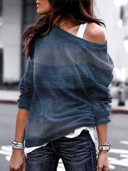 

Vintage One Shoulder Long Sleeve Cotton T-Shirt, Blue, Tops