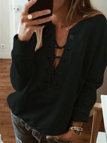 

Plain Casual Eyelet V Neck 2018 Women's Fall/Autumn SweatT-shirt, Black, Auto-Clearance