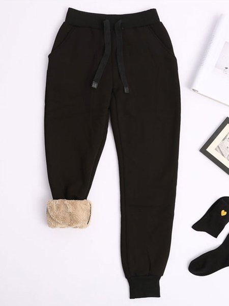 

Black Pockets Fur Lined Casual Pants, Pants