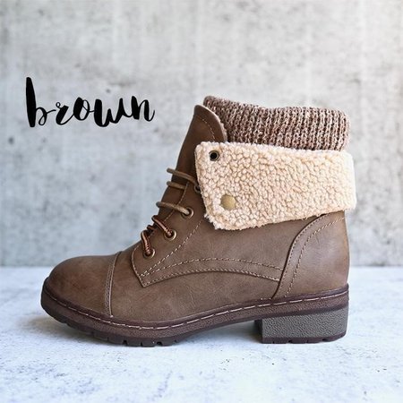 

Winter Handmade Leather Knit Sweater Cuff Ankle Boots, Brown, Boots