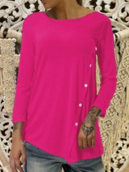 

Long Sleeve Vintage Crew Neck Cotton-Blend T-Shirt, Fuchsia, Tops