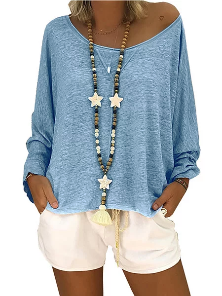 

Casual Solid Crew Neck Long Sleeve Cotton T-Shirt, Sky blue, T-Shirts