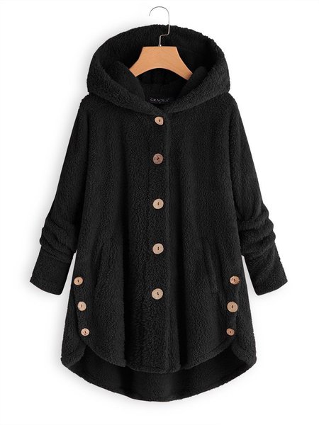 

Cozy Long Sleeve Fleece Hooded Fuzzy Asymmetrical Hem Button Teddy Bear Coat, Black, Auto-Clearance