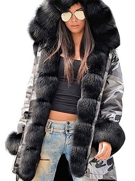 

Paneled Pockets Shift Hoodie Winter Parka, Grey-black, Parkas