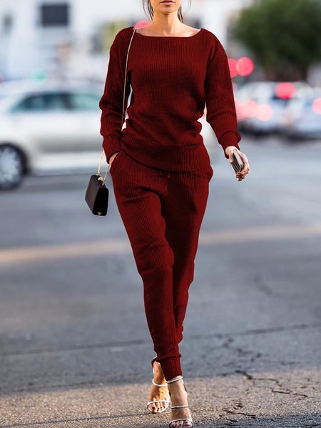 

Bateau Neck Knitted Top With Pants Set, Green, Two-piece Set