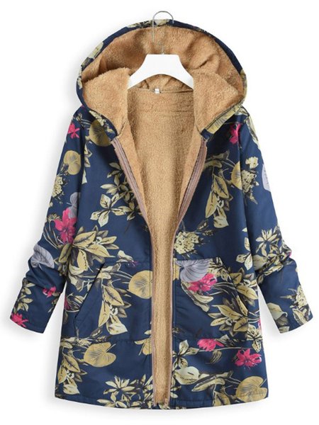 

Plus Size Floral Printed Casual Hoodie Coat, Navy blue, Jackets& Coats
