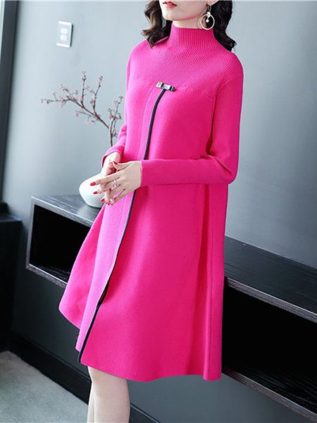 

Knitted Slit Elegant Sweater Dress, Fuchsia, Dresses