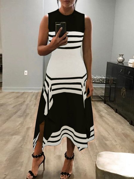 

O-Neck Women Summer Dresses Asymmetrical Dresses, Black, Summer Dresses