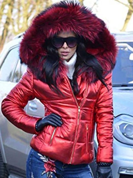 

Women Faux Fur Coat Camouflage Warm Lining Hoodie Coat, Wine red, Outerwear