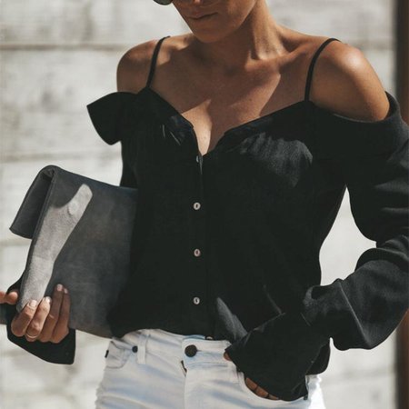 

Sexy Off Shoulder Pure Color Long Sleeve Chiffon Strap Shirt, Black, Blouses