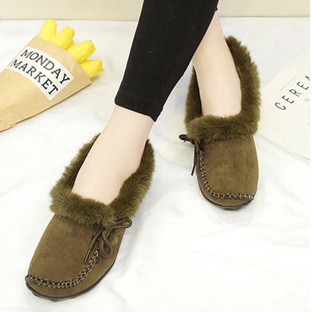 

2018 Women's Fur Winter Suede Flat Heel Snow Boots, Army green, Shoes