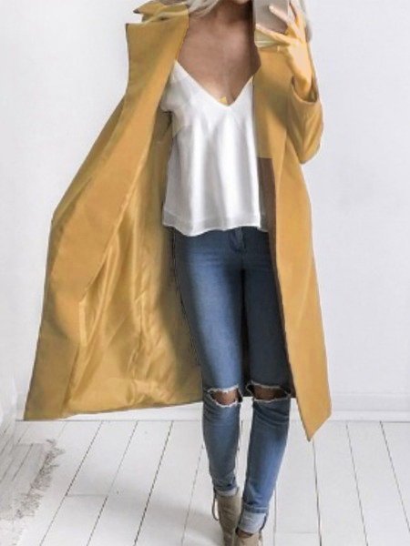 

Long Sleeve Lapel Solid Casual Coat, Khaki, Trench Coats