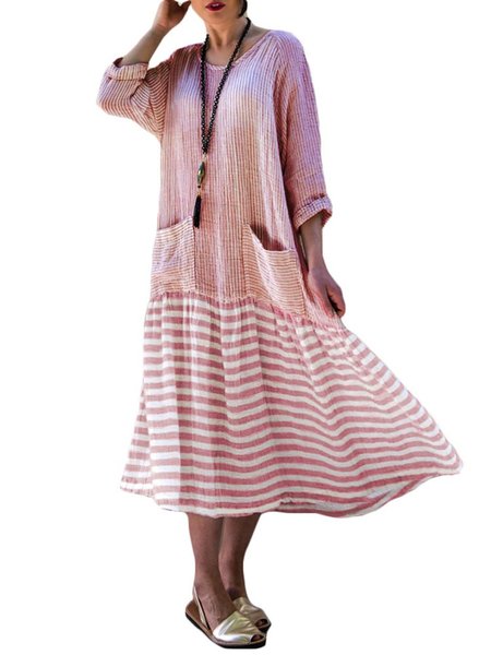 

Patchwork Casual Pockets Crew Neck Dress, Red, Maxi Dress
