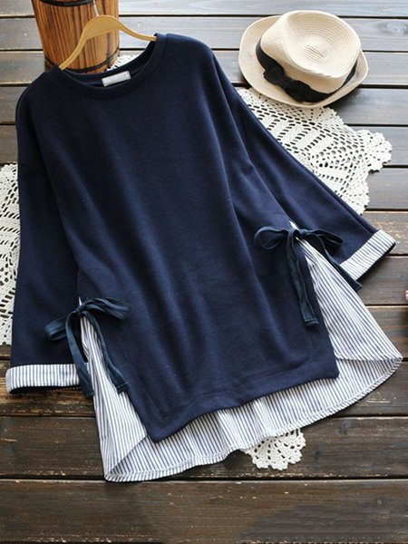 

Casual Color-Block Striped Crew Neck Blouses Top, Blue, Shirts & Blouses