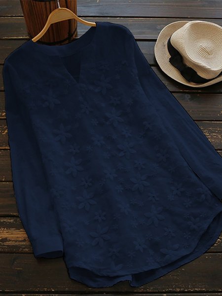 

Floral Lace Embroidery Long Sleeve Loose Shirt Blouse, Blue, Blouses & Shirts