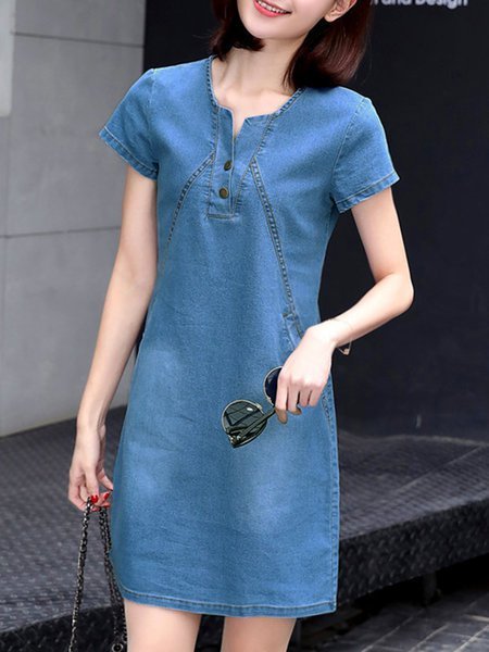 

Crew Neck Women Dress A-line Daily Short Sleeve Casual Buttoned Dress, Light blue, Casual Dress