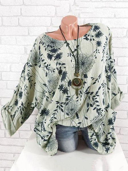 

Floreale Girocollo Lino Stampato Maniche Lunghe Vintag Camicetta, Cachi, Blouses & Shirts