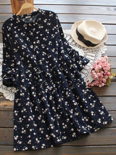 

Floral Sweet Style Long Sleeve Shift Dress, Deep blue, Dresses
