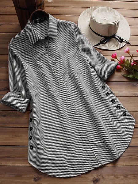 

XL- Women Long Sleeve Stand Collar Cotton Blouses Dress, Black, Auto-Clearance
