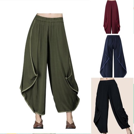 

Women Newest Solid Color Casual Fashion Bat Cotton Pants Wide Leg Harem Pants, Dark blue, Pants