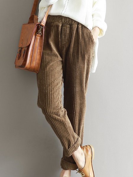 

Casual Solid Corduroy Plus Size Pants, Coffee, Pants