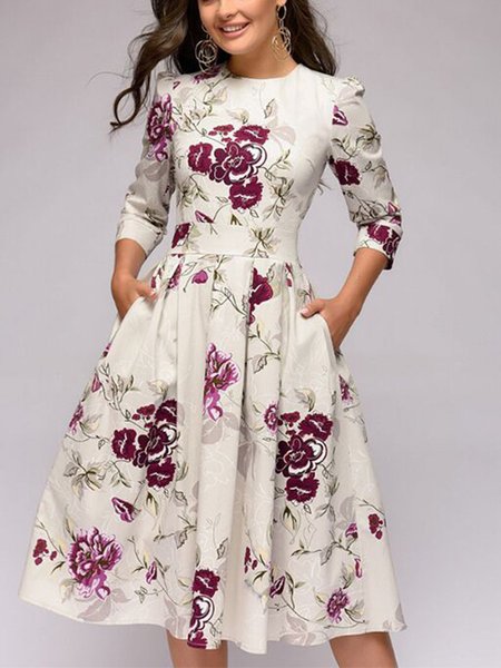 

Crew Neck Women Spring Weaving Dress Party Floral-Print Floral Weaving Dress, Beige, Spring Dresses