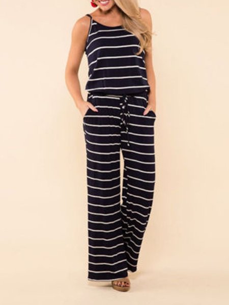 

Crew Neck Cotton Spaghetti Casual Jumpsuits, Blue, Jumpsuits＆Rompers