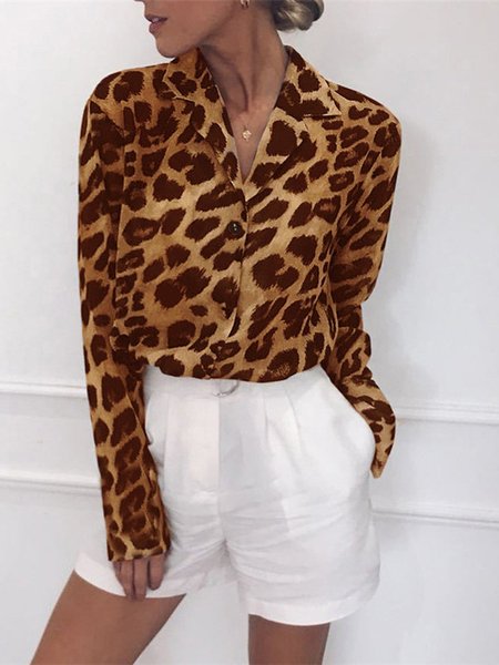 

Shirt Collar Leopard Print Buttoned Vintage Blouses, Brown, Shirts & Blouses