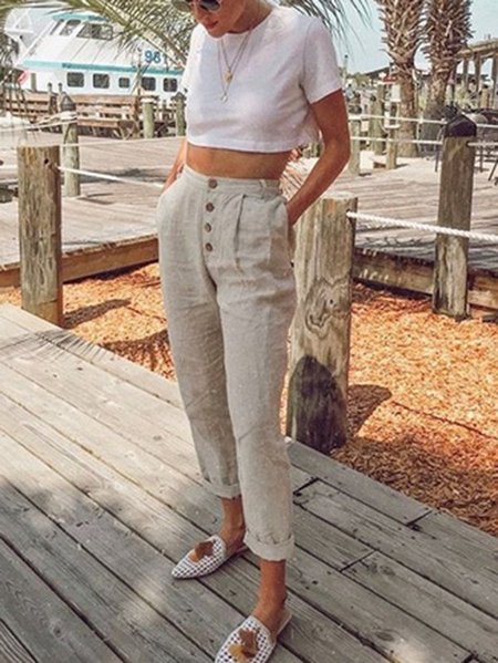 

High Waist Linen Breathable Wide Leg Ninth Pants, Beige, Pants